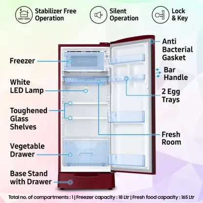 Samsung 183 LTR 3 STAR DIRECT COOL REFRIGERATOR RR20D1823RZ/HL MIDNIGHT BLOSSOM RED