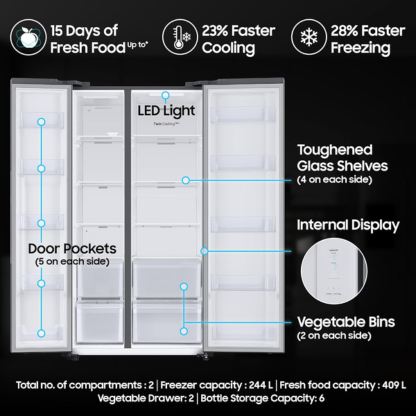 Samsung 653 LTR 2 STAR FROST FREE DOUBLE DOOR SIDE BY SIDE REFRIGERATOR RS76CG80X0S9HL REFINED INOX